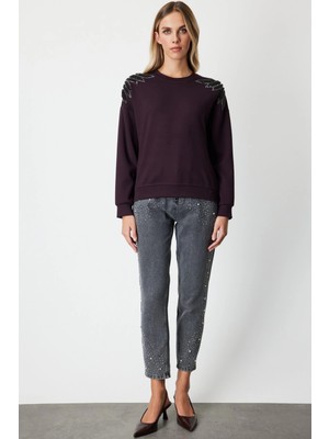 On Fashion Kadın Omuzları Incili Sıfır Yaka Bordo Sweatshirt 66338