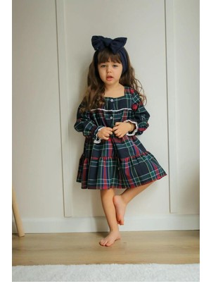 Pantulux Kız Çocuğu Kırmızı Ekose Kıyafet Büyük Fiyonk Detaylı Şık Özel Gün KIYAFETSI-S100-JLB-085