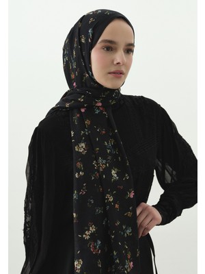 Fresh Tıny Blooms Desenli Pamuk Viskon Şal Siyah