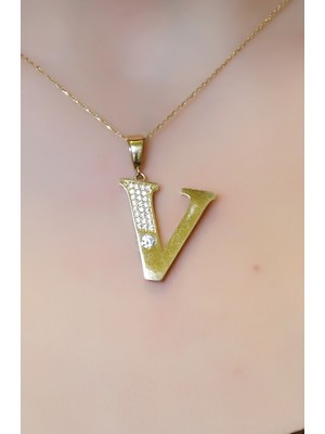 V Harfli&amp;amp;taşlı Kolye Ucu 14 Ayar A064975