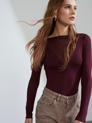 Dilvin 32122 Kayık Yaka Modal Kaşmir Ultra Hafif Bluz-K.mürdüm