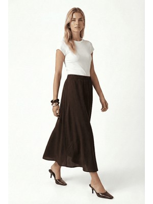 Ritnice Kadın Becca Gloss Cepli Bel Lastikli Kahverengi Uzun Dokuma Etek