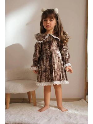 Pantulux Kız Çocuğu Leopar Desenli Kıyafet Dantel Detaylı Şık Özel Gün TASARIM-107-JLB-074