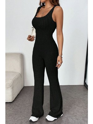 Trendseninle Kadın Siyah Yivli Sırtı Açık Ince Tulum