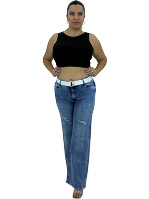 Büyük Beden Denim Kemerli Yırtık Yıpratma Detaylı Boru Paça Kadın Pantolon