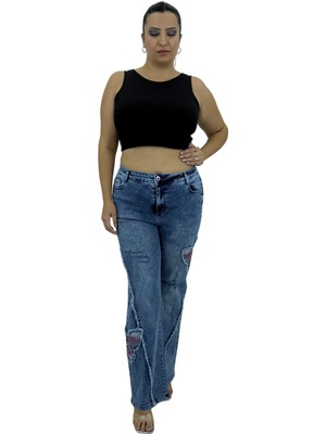 Büyük Beden Kadın Denim Toparlayıcı Taş Işlemeli Yüksek Bel Pantolon