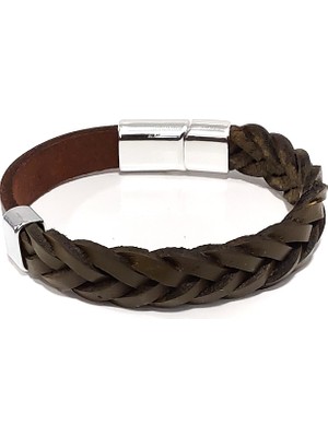 Herşey Nota Dark Brown Örgü Hakiki Deri Erkek Bileklik – Çelik KILITLI50-546