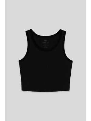 Tommy Life Siyah Basic Sıfır Kol Dar Kalıp U Yaka Kadın Crop Top Atlet - 97160
