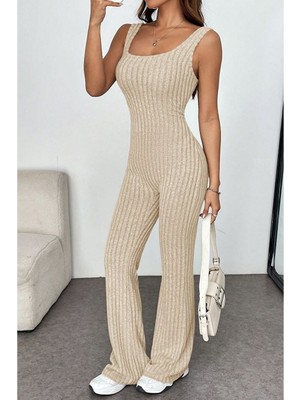 Trendseninle Kadın Bej Yivli Sırtı Açık Ince Tulum