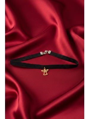 Melek Figürlü Siyah Choker Boyunluk - Altın Renk Minimalist Kolye - Kadife Dokulu Angel Choker