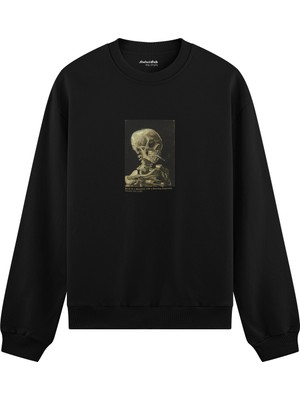 The Lucid Lab Skull Of A Skeleton With Burning Cigarette Oversize Sweatshirt - Siyah