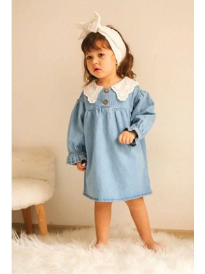 Pantulux Kız Çocuğu Denim Kıyafet Dantelli Bebe Yakalı Düğmeli Denim KIYAFET-K1001-JLB-069