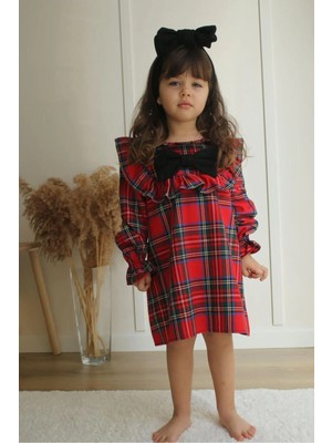 Pantulux Kız Çocuğu Kırmızı Ekose Kıyafet Büyük Fiyonk Detaylı Şık Özel Gün KIYAFETSI-S100-JLB-085