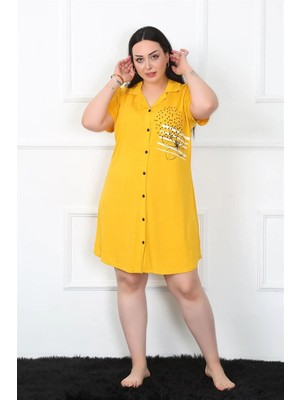 İlkyaz Fashion Büyük Beden Penye Düğmeli Sarı Tunik Gecelik