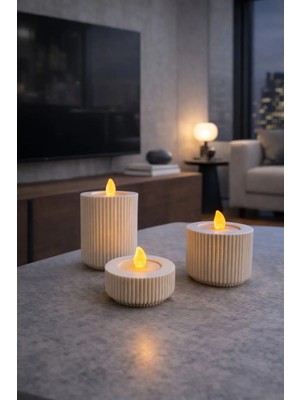 Öztürk Organizasyon Modern Çizgili Silindir Mumluk Seti- Dekoratif Tealight & Led Mum Standı (3'lü) Beyaz
