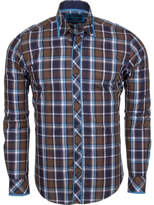 Makrom Erkek Kahverengi Kareli Slim Fit %100 Pamuk Casual Tasarım Gömlek