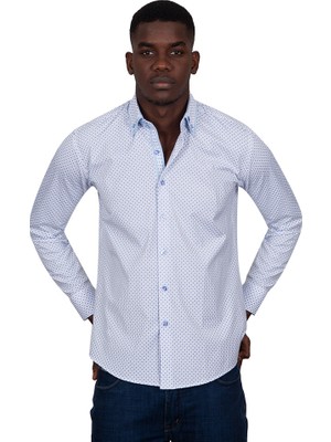 Makrom Erkek Beyaz Mavi Mikro Desenli Duble Yaka Slim Fit Pamuklu Gömlek
