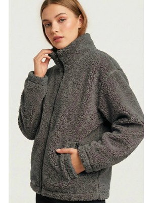 Genius Store Kadın Peluş Tam Fermuarlı Cepli Sherpa Kuzu Kumaş Oversize Peluş Polar Sweatshirt