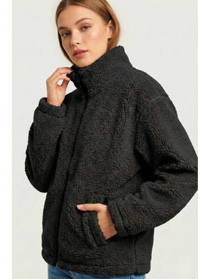 Genius Store Kadın Peluş Tam Fermuarlı Cepli Sherpa Kuzu Kumaş Oversize Peluş Polar Sweatshirt