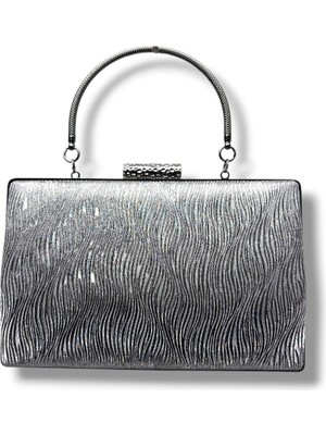 Cakgo 278-26 Dalgalı Simli Parlak Kumaş Çelik Kasa Abiye Çanta