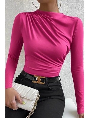 Beruflic Kadın Fuşya Belden ve Boyundan Büzgü Detaylı Uzun Kollu Bluz