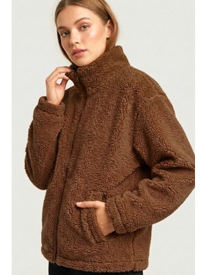 Genius Store Kadın Peluş Tam Fermuarlı Cepli Sherpa Kuzu Kumaş Oversize Peluş Polar Sweatshirt
