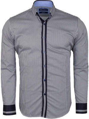 Oscar Banks Erkek Lacivert Çizgili Manşet Detaylı Spor Şık Gömlek