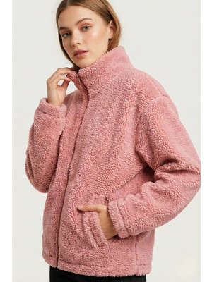 Genius Store Kadın Peluş Tam Fermuarlı Cepli Sherpa Kuzu Kumaş Oversize Peluş Polar Sweatshirt