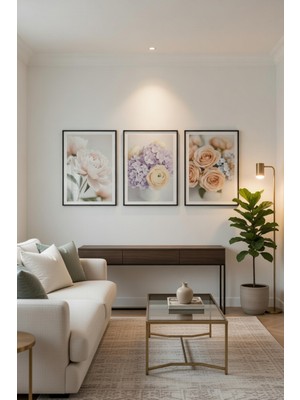 Safir Design 3lü Pastel Çiçek Buketi Çerçeveli Tablo Seti
