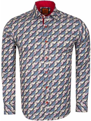 Makrom Tasarım Erkek Slim Fit Italyan Yaka Turna Kuşu Desenli Pamuklu Gömlek