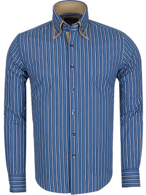 Makrom Premium Seri %100 Pamuk Slim Fit Double Yaka Çizgili Gömlek