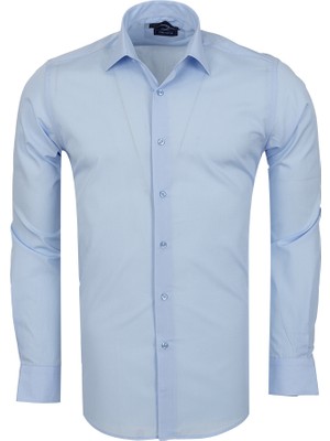 Oscar Banks Erkek Açık Mavi %100 Pamuk Slim Fit Uzun Kollu Klasik Gömlek