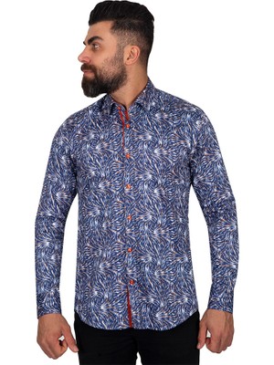 Oscar Banks Slim Fit - Kırmızı Detaylı Mikro Desenli %100 Pamuk Gömlek