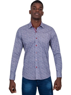 Makrom Slim Fit Kırmızı Kontrast Detaylı Mikro Çiçekli Likralı Pamuk Gömlek
