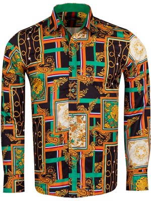 Makrom Erkek Yeşil Turuncu Barok Desenli Slim Fit Uzun Kollu Gömlek