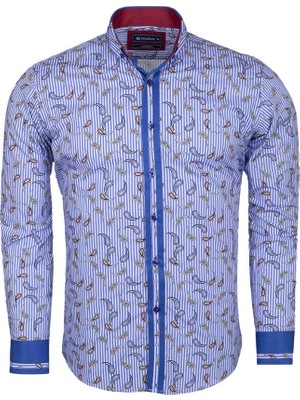 Oscar Banks Erkek Mavi Çizgili Şal Desenli Manşet Detaylı Spor Şık Gömlek