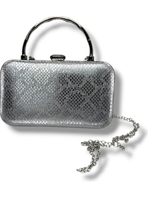 Cakgo 743-26 Yılan Baskı Simli Kumaş Çelik Kasa Abiye Çanta