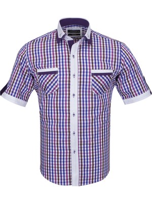 Makrom Erkek Mor Çizgili Kareli Kısa Kollu Pamuklu Gömlek - Çift Cepli Tasarım