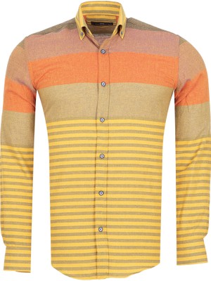 Makrom Erkek Renk Bloklu Çizgili Dokuma Gömlek – Sarı Turuncu