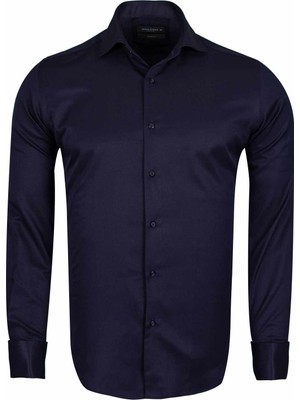Makrom Erkek Lacivert Şık Duble Manşet Kol Düğmeli Özel Tasarım Gömlek