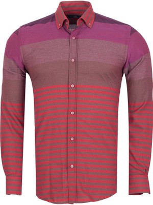 Makrom Erkek Renk Bloklu Çizgili Dokuma Gömlek – Burgundy