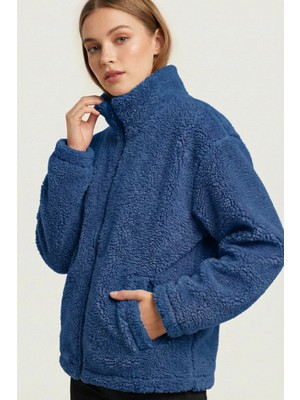 Genius Store Kadın Peluş Tam Fermuarlı Cepli Sherpa Kuzu Kumaş Oversize Peluş Polar Sweatshirt