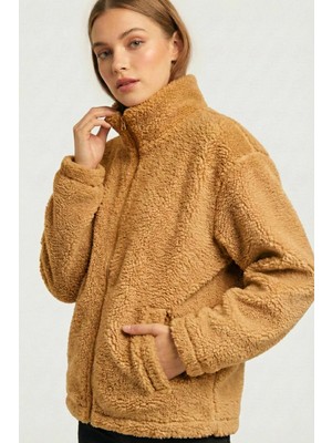 Genius Store Kadın Peluş Tam Fermuarlı Cepli Sherpa Kuzu Kumaş Oversize Peluş Polar Sweatshirt