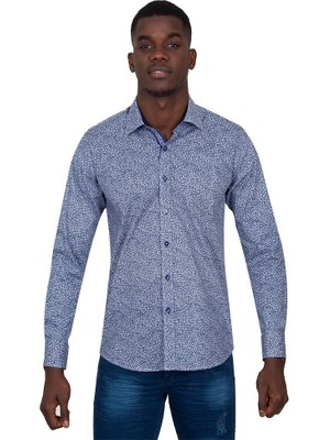 Makrom Slim Fit Mavi Kontrast Detaylı Mikro Çiçekli Likralı Pamuk Gömlek
