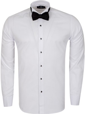 Makrom Erkek Beyaz Ata Yaka Smokin Gömleği - Siyah Düğmeli, Papyonlu ve Kol Düğmeli Set