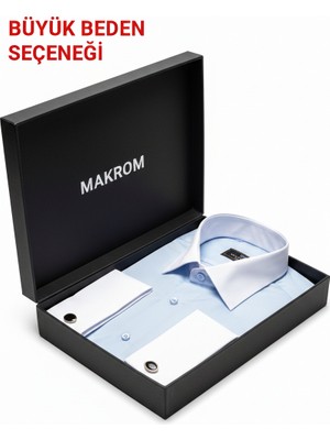 Makrom Premium Duble Manşetli Metal Düğme Detaylı Mavi Özel Tasarım Erkek Gömlek