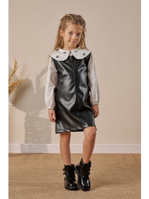 Minipodyum Kız Çocuk Elbise Bebe Yaka Gömlekli Deri Görünümlü Bayramlık