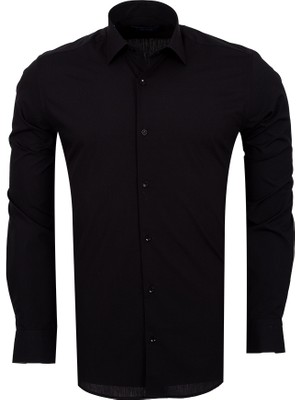 Oscar Banks Erkek Siyah %100 Pamuk Slim Fit Uzun Kollu Klasik Gömlek