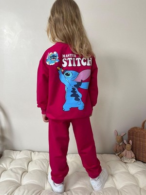 Cg Kids Stitch Temalı Sırt Baskı Detay Kız Çocuk 2 Iplik Alt Üst Sweatshirt Eşofman Takım