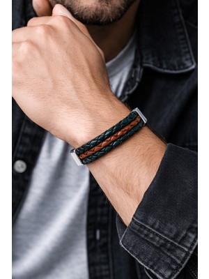 Herşey Nota Nomad Leather Terra Force Yeşil & Taba Hakiki Deri Erkek Bileklik – Çelik Mıknatıslı KILIT-50-537